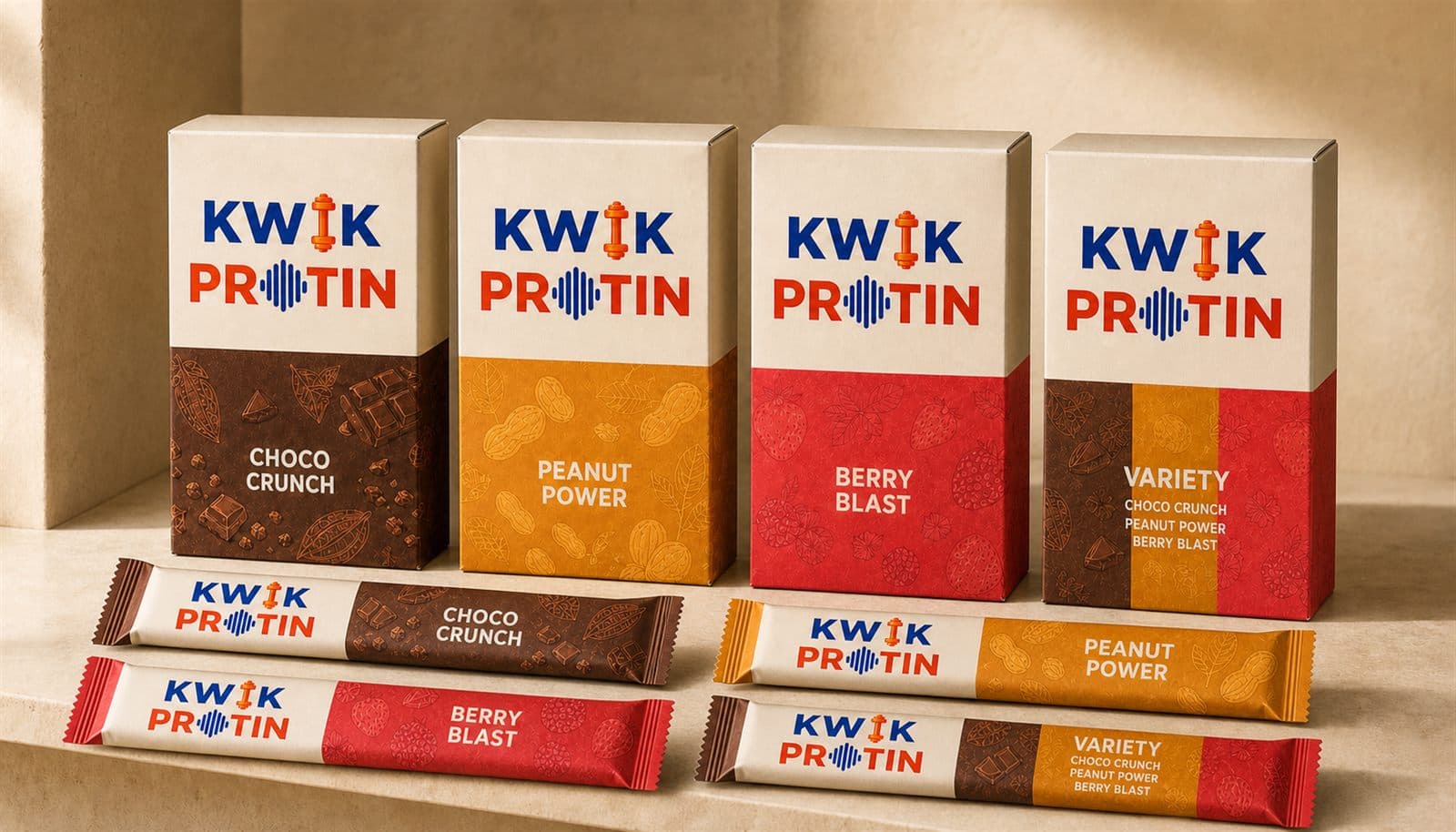 Four Kwik Protin cartons and wrapped bars arranged as a complete flavor lineup