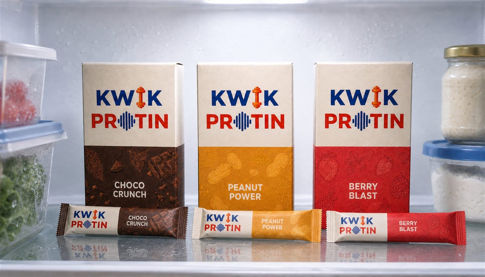 Three Kwik Protin flavor cartons and wrapped bars stocked inside a refrigerator
