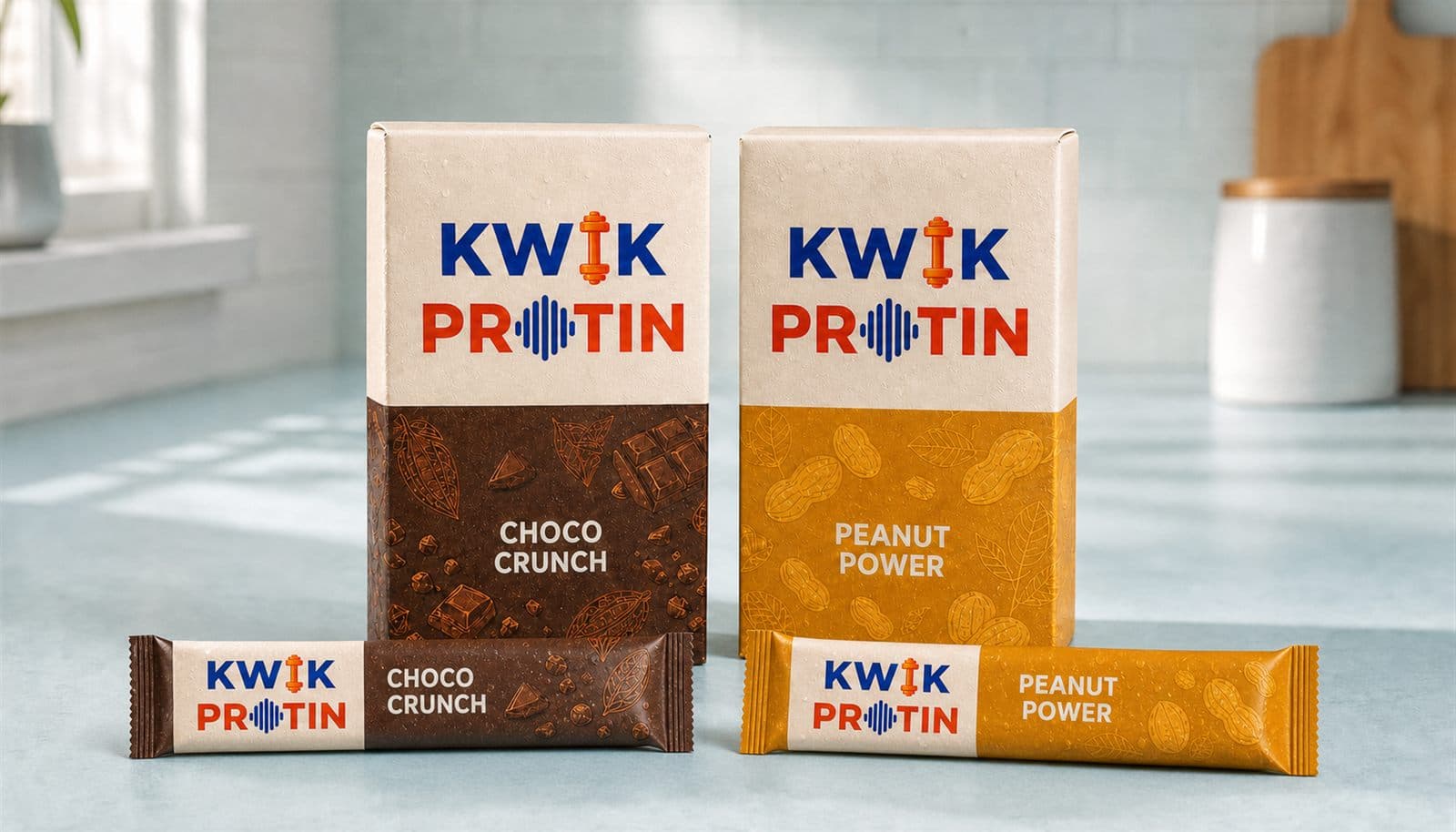 Two Kwik Protin cartons with Choco Crunch and Peanut Power bars