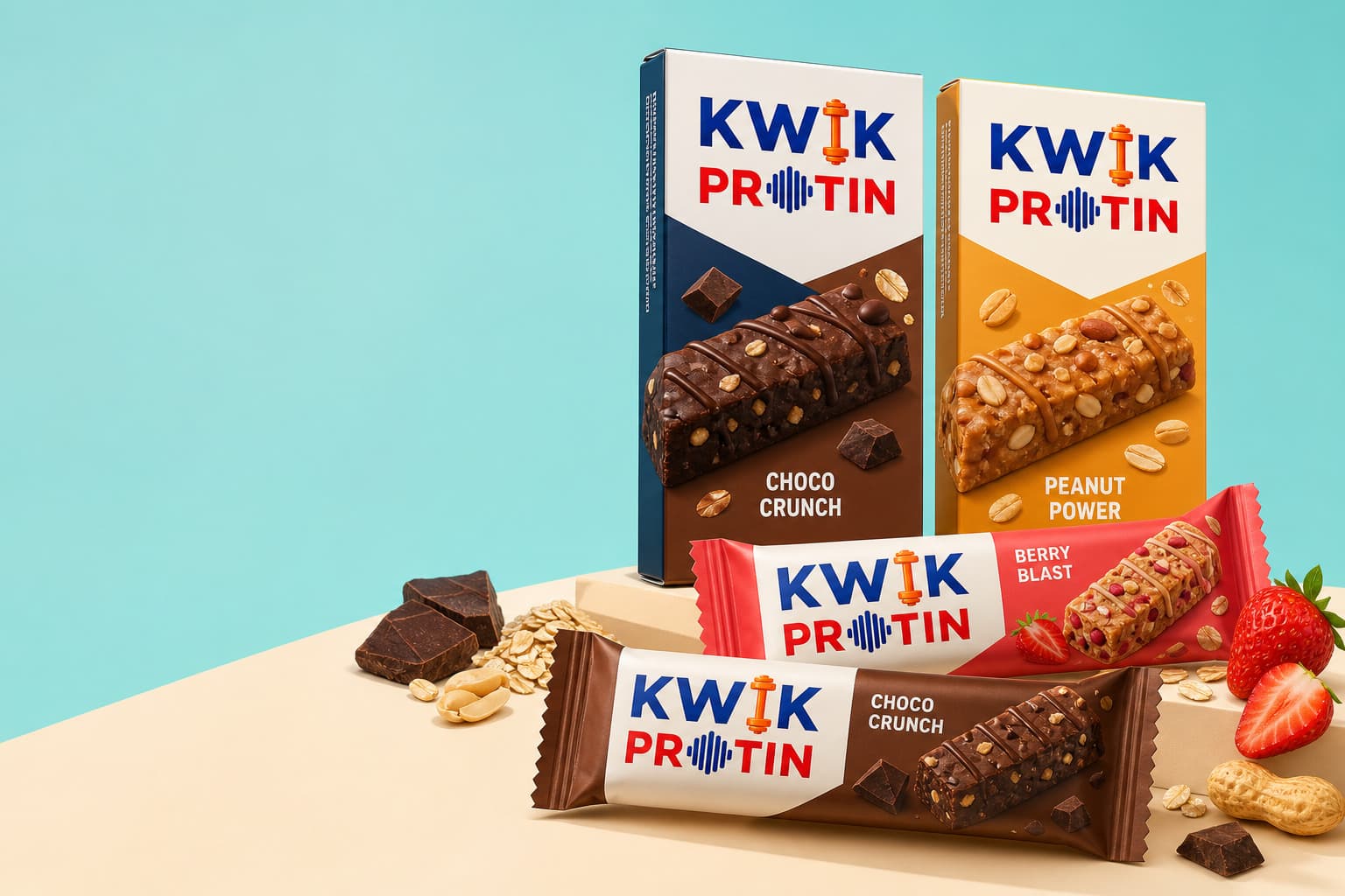Kwik Protin Choco Crunch, Peanut Power, and Berry Blast packs arranged with flavor ingredients