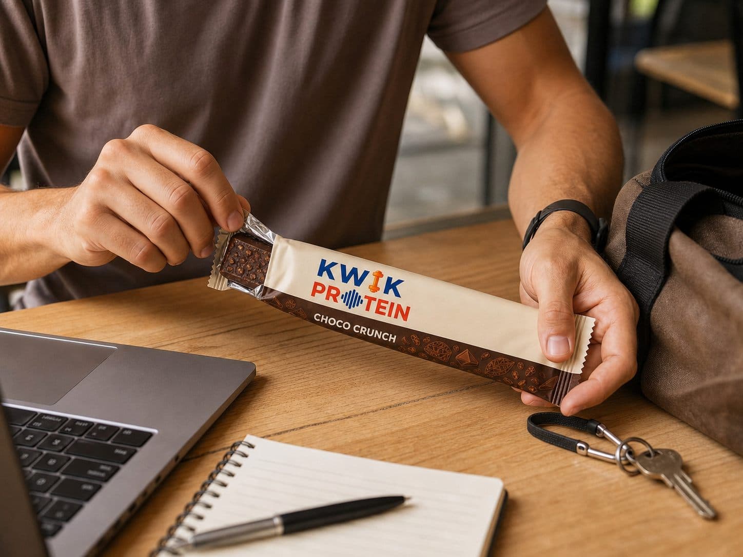 A person opening a Kwik Protin bar at a shared work table