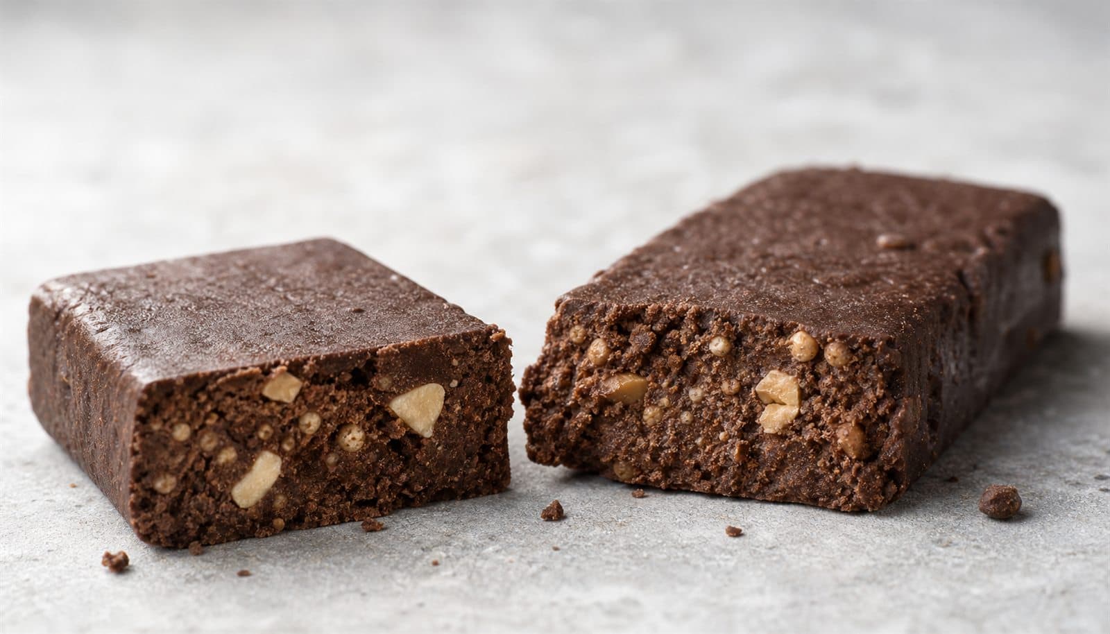 Broken chocolate protein bar showing a dense chilled texture