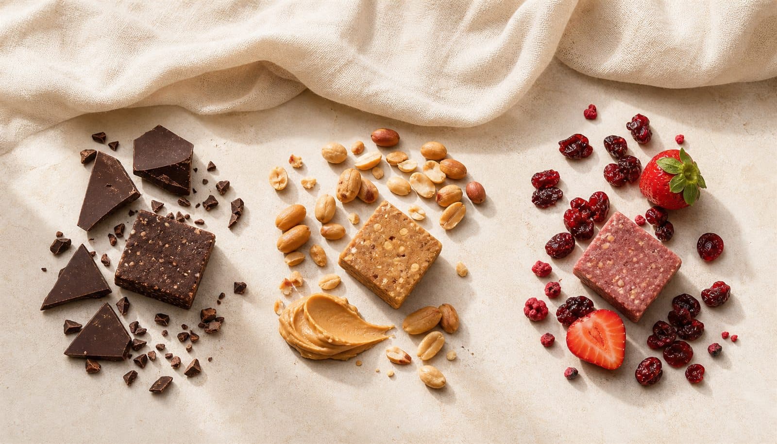Chocolate, peanut, and berry flavor inspiration arranged around protein bar pieces