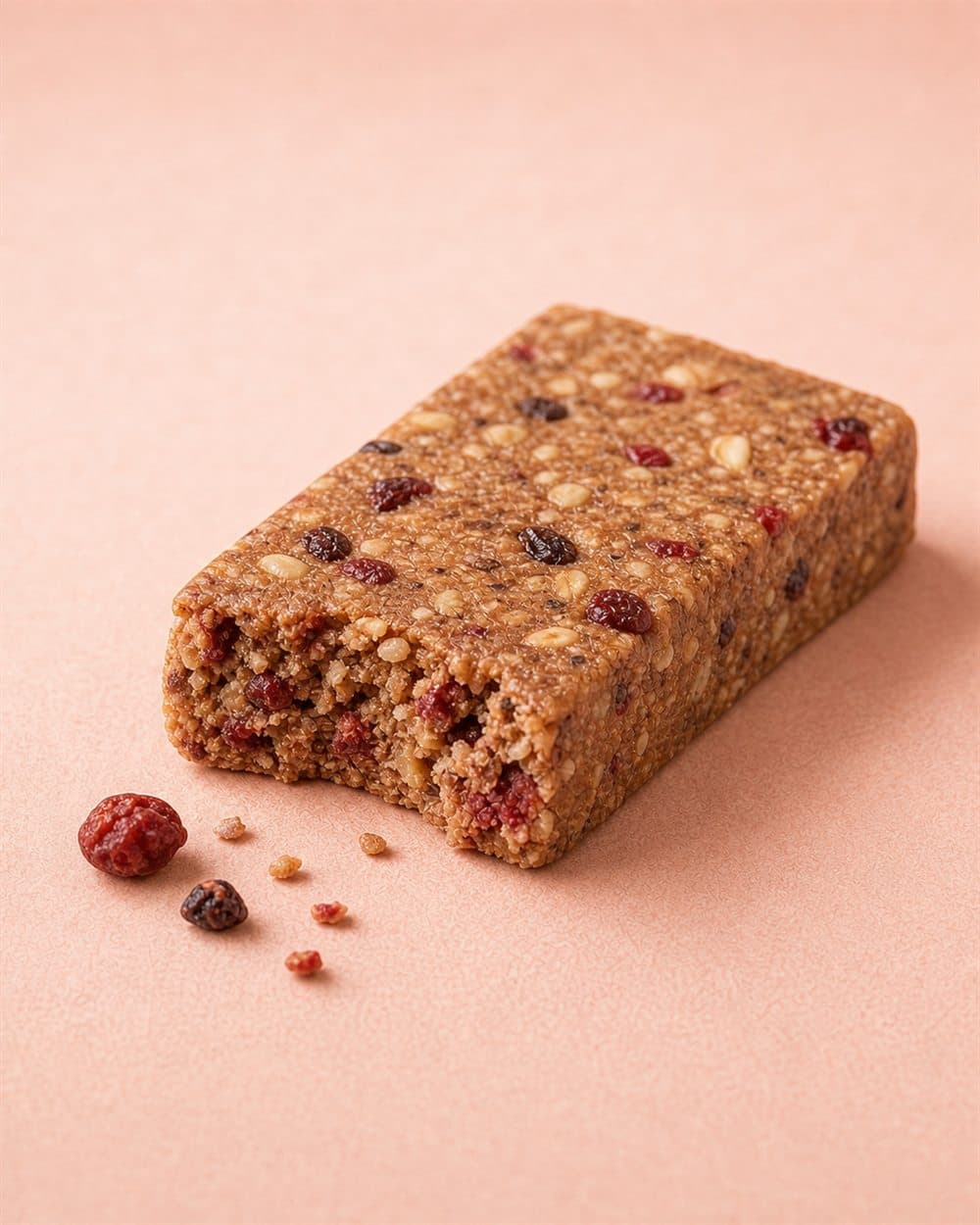 Unwrapped Berry Blast protein bar showing berry and oat texture