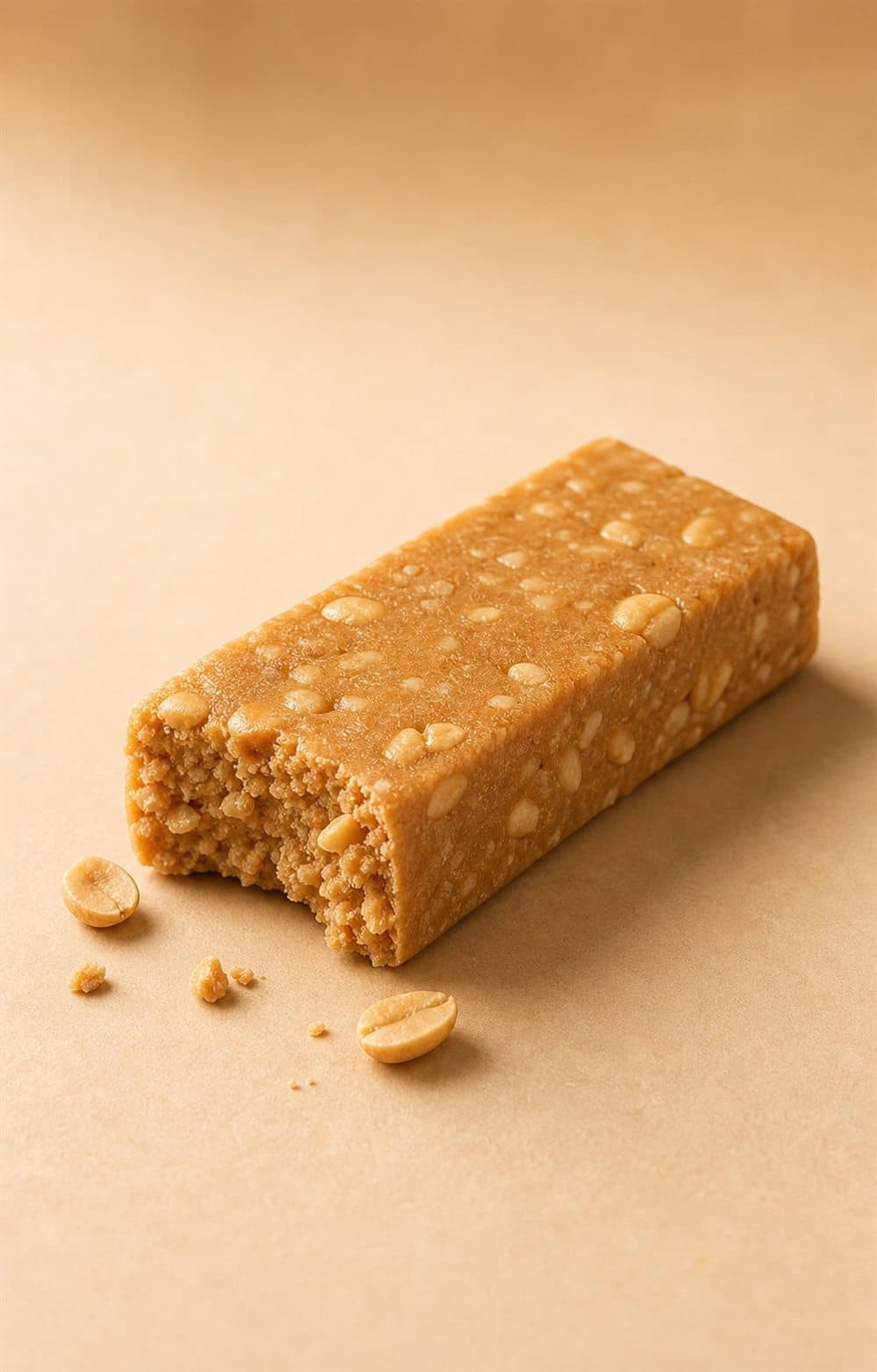 Unwrapped Peanut Power protein bar showing roasted peanut pieces