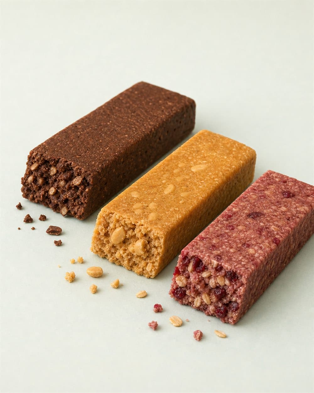 Unwrapped Choco Crunch, Peanut Power, and Berry Blast protein bars together