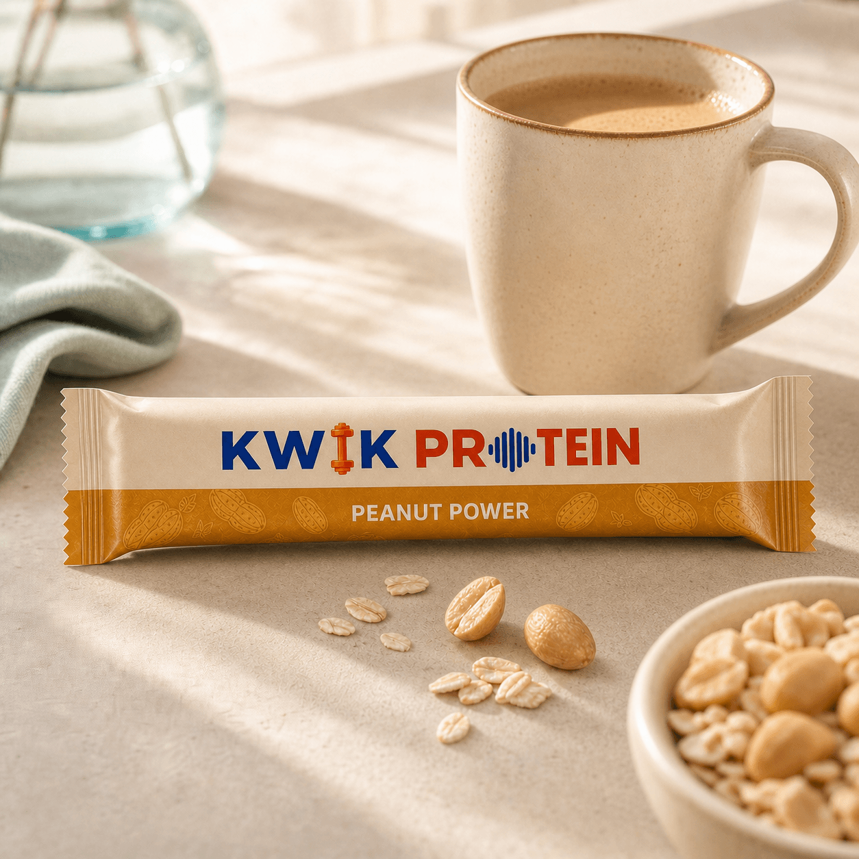 Peanut Power Kwik Protin bar beside a morning coffee