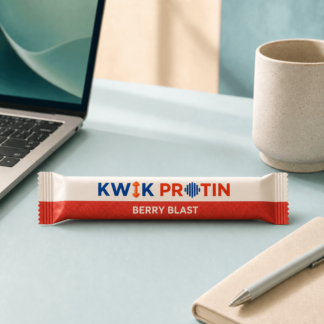 Berry Blast Kwik Protin bar at a modern desk