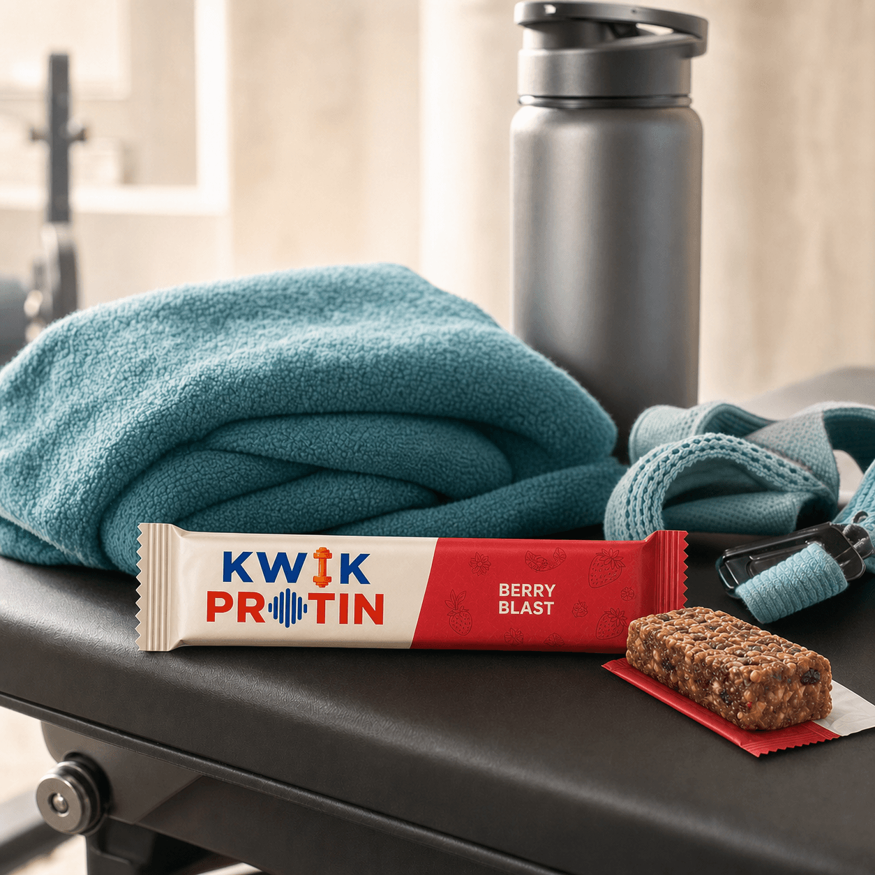 Berry Blast Kwik Protin bar with training essentials