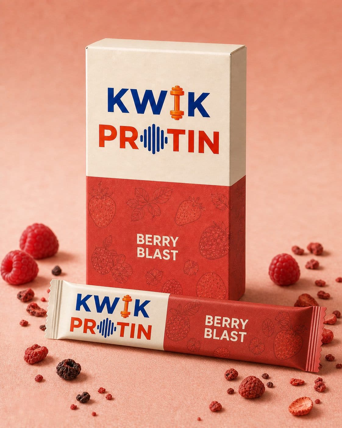 Kwik Protin Berry Blast carton and wrapped protein bar
