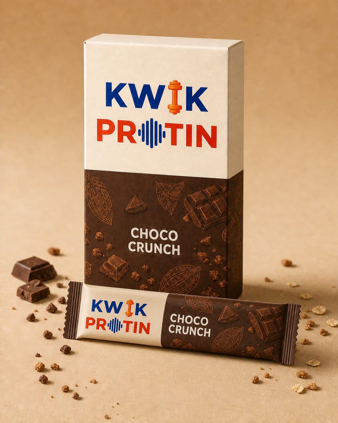Kwik Protin Choco Crunch carton and wrapped protein bar