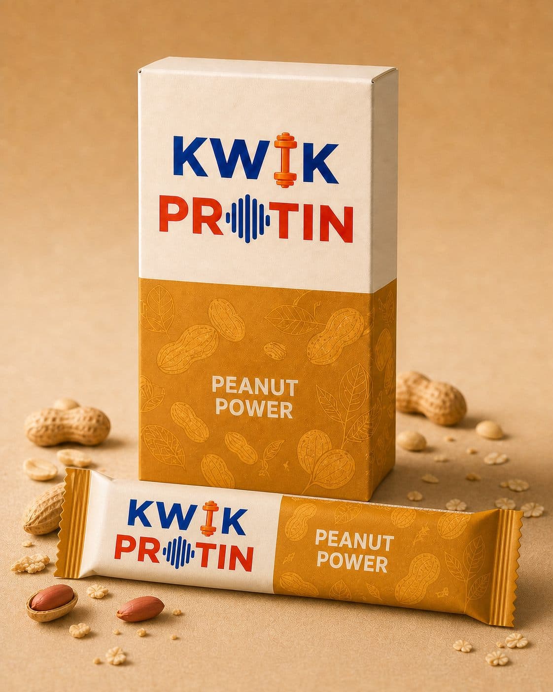 Kwik Protin Peanut Power carton and wrapped protein bar