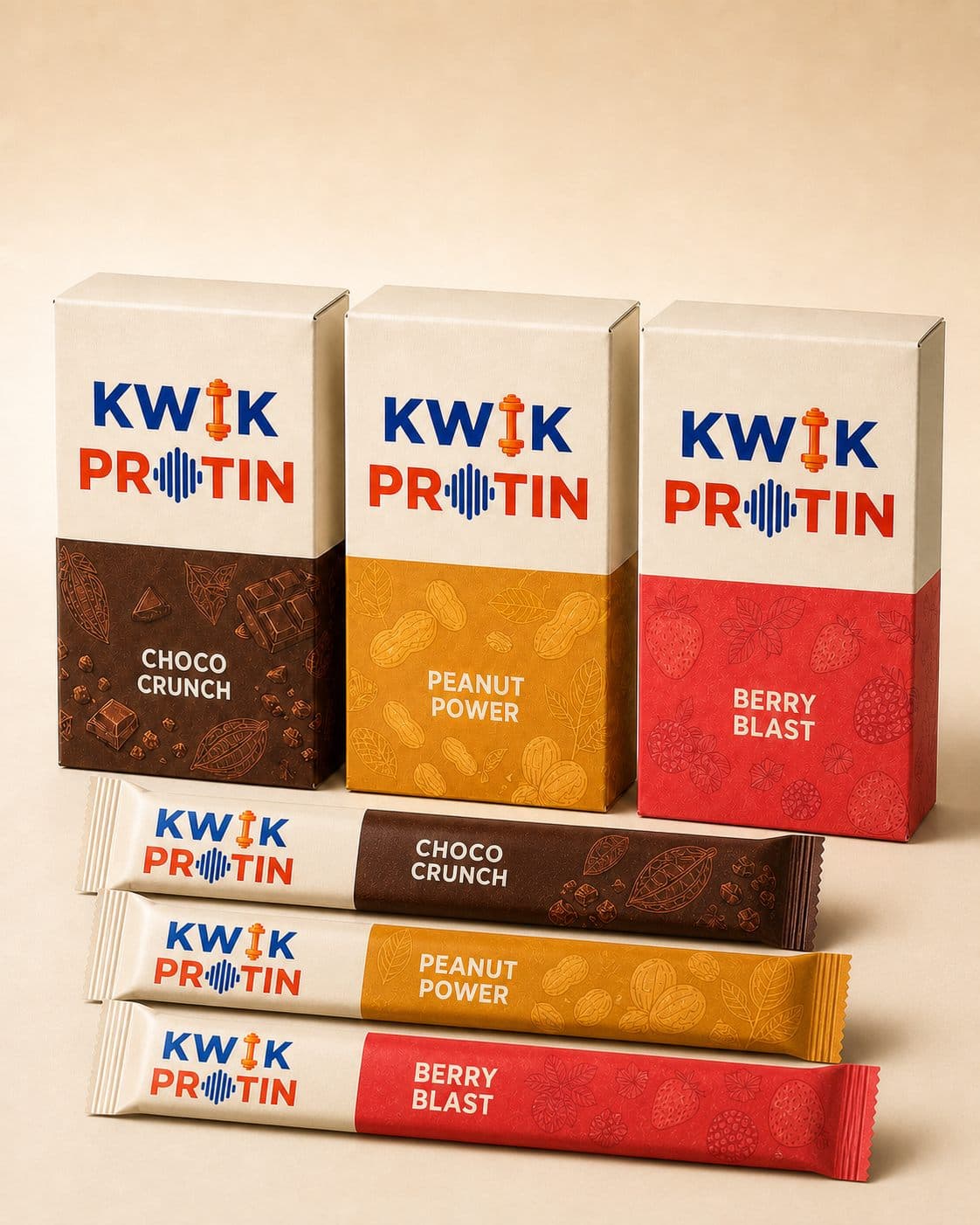 Kwik Protin Variety Pack with Choco Crunch, Peanut Power, and Berry Blast cartons and wrapped bars