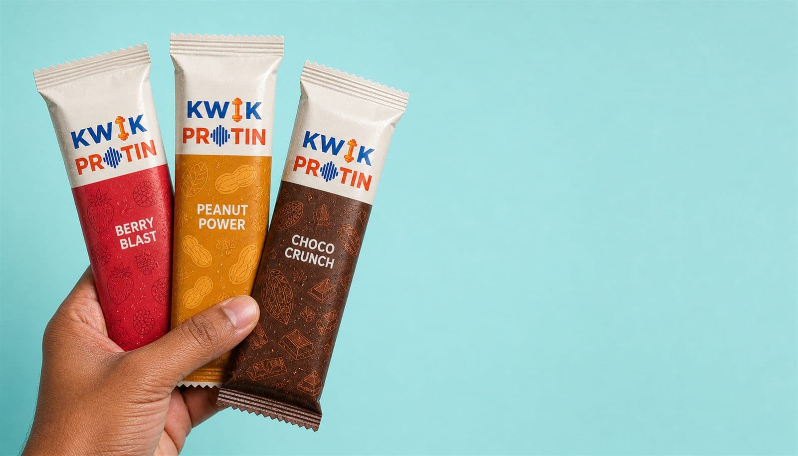 A hand holding Kwik Protin Choco Crunch, Peanut Power, and Berry Blast bars